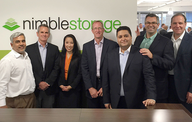 Marking the opening of Nimble Storage’s new Chicago offices are (left to right) Nimble CEO Suresh Vasudevan, VP WW Channels Leonard Iventosch, Head of Investor Relations Edelita Tichepco, SE Director Brad Hargett, CFO Anup Singh, AVP Keegan Riley, and Regional Director Rick Clopton.